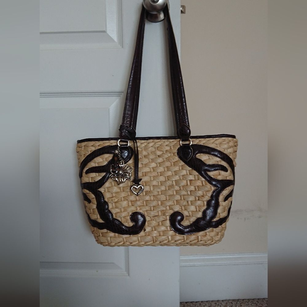 Brighton Scroll weaved straw tote purse leather - butterfly design